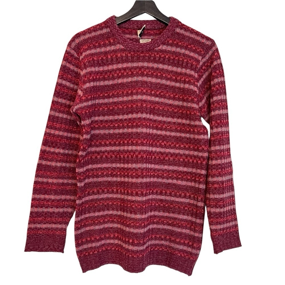 Vintage Alan Paine England Shetland Wool Stripe Sweater Cranberry Red Medium